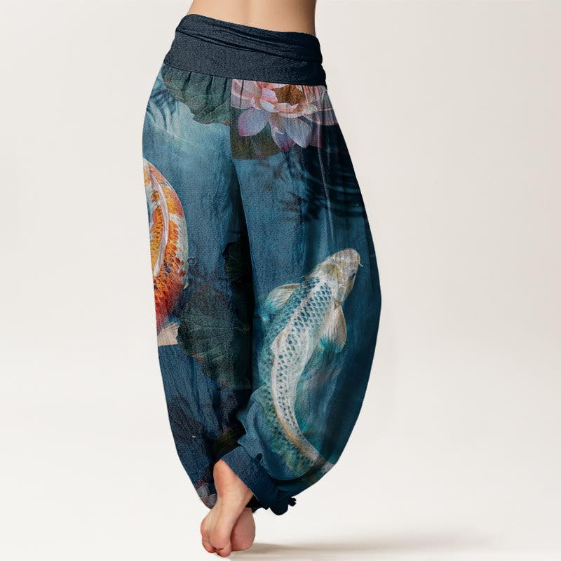 Pantalones harén con cintura elástica para mujer, con estampado de ondas de agua de loto y peces koi de Buddha Stones - image 3