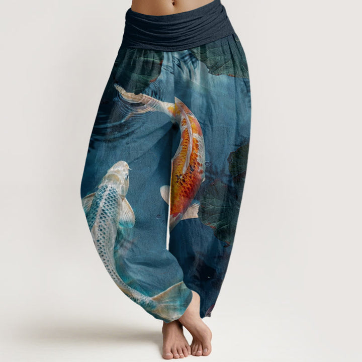 Pantalones harén con cintura elástica para mujer, con estampado de ondas de agua de loto y peces koi de Buddha Stones - Azul acero - US22，UK/AU26，EU54 (6XL) - image 1