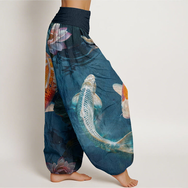 Pantalones harén con cintura elástica para mujer, con estampado de ondas de agua de loto y peces koi de Buddha Stones - image 2