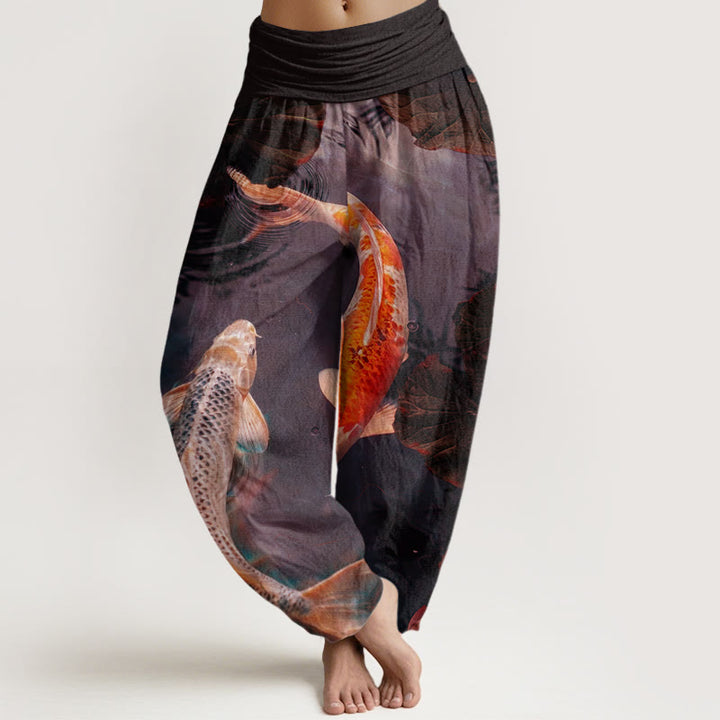 Pantalones harén con cintura elástica para mujer, con estampado de ondas de agua de loto y peces koi de Buddha Stones - Índigo - US22，UK/AU26，EU54 (6XL) - image 5