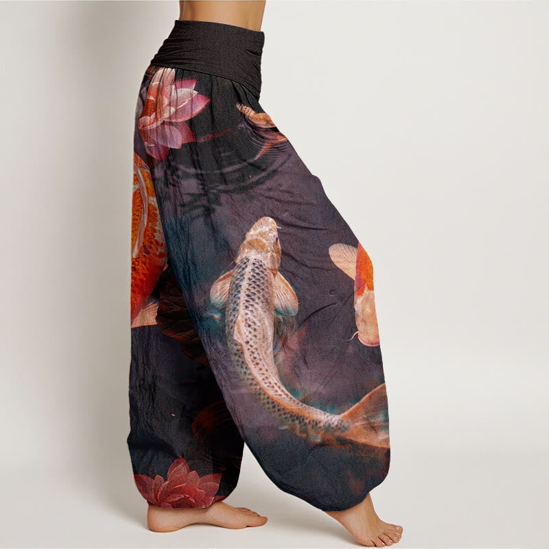 Pantalones harén con cintura elástica para mujer, con estampado de ondas de agua de loto y peces koi de Buddha Stones - image 6