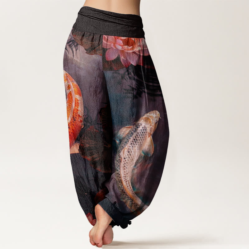 Pantalones harén con cintura elástica para mujer, con estampado de ondas de agua de loto y peces koi de Buddha Stones - image 7