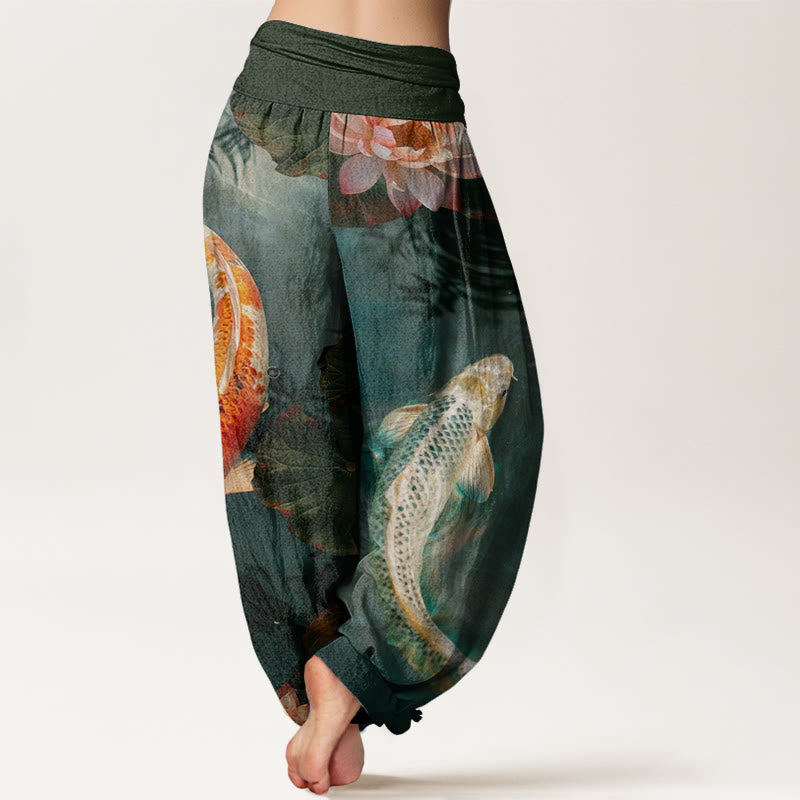 Pantalones harén con cintura elástica para mujer, con estampado de ondas de agua de loto y peces koi de Buddha Stones - image 10