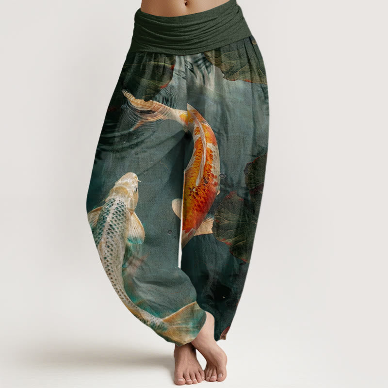 Pantalones harén con cintura elástica para mujer, con estampado de ondas de agua de loto y peces koi de Buddha Stones - Gris pizarra oscuro - US22，UK/AU26，EU54 (6XL) - image 8