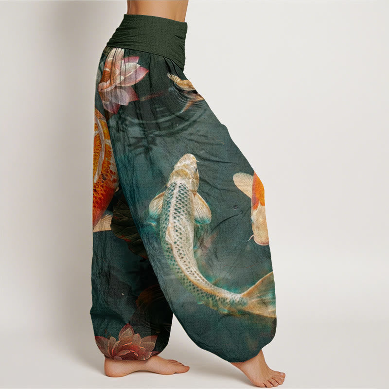 Pantalones harén con cintura elástica para mujer, con estampado de ondas de agua de loto y peces koi de Buddha Stones - image 9