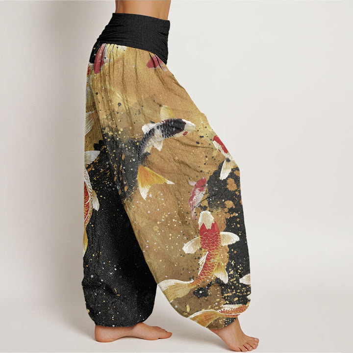 Pantalones Buddha Stones informales con estampado de peces koi y tinta dorada para mujer, con cintura elástica - image 3