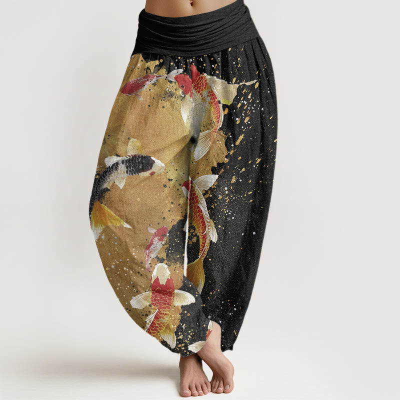 Pantalón tipo harem de cintura elástica para mujer, de Buddha Stones , estilo casual, con estampado de peces koi y fondo dorado. - Negro - US22，UK/AU26，EU54 (6XL) - image 0