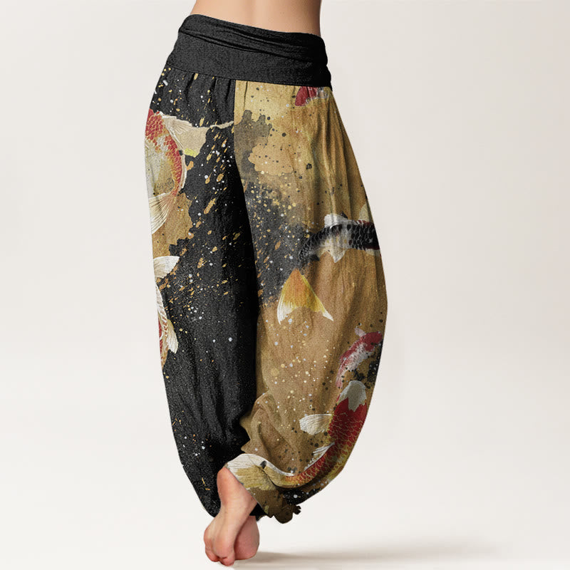Pantalones Buddha Stones informales con estampado de peces koi y tinta dorada para mujer, con cintura elástica - image 1
