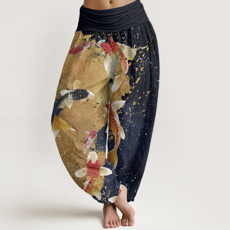 Pantalones Buddha Stones informales con estampado de peces koi y tinta dorada para mujer, con cintura elástica - Azul medianoche - US22，UK/AU26，EU54 (6XL) - image 5