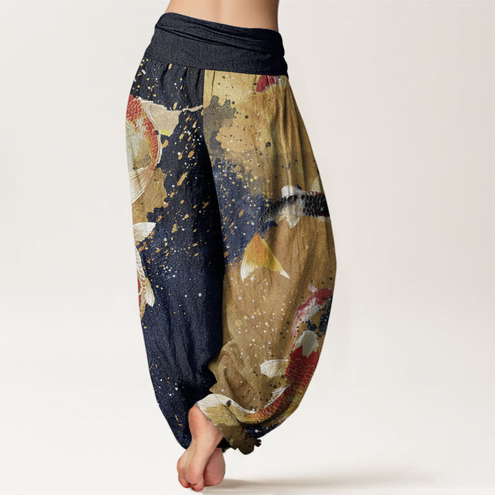 Pantalones Buddha Stones informales con estampado de peces koi y tinta dorada para mujer, con cintura elástica - image 7