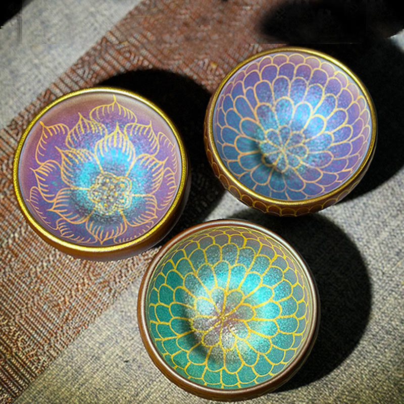 Taza de té de cerámica con diseño de flor de loto Jianzhan china hecha a mano con Buddha Stones, taza de té Kung Fu de 150 ml
