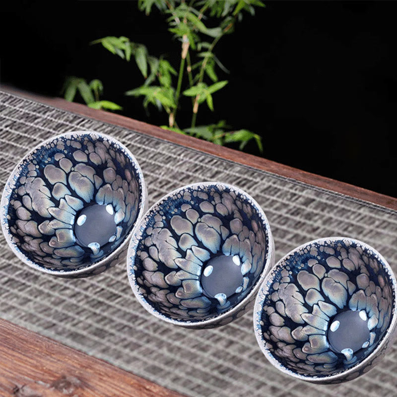 Taza de té de cerámica con Buddha Stones, hecha a mano, con diseño chino Jianzhan, color púrpura y azul, Tenmoku Kung Fu, 150 ml