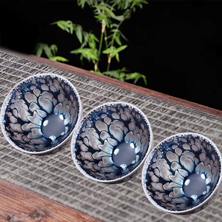 Taza de té de cerámica con Buddha Stones, hecha a mano, con diseño chino Jianzhan, color púrpura y azul, Tenmoku Kung Fu, 150 ml