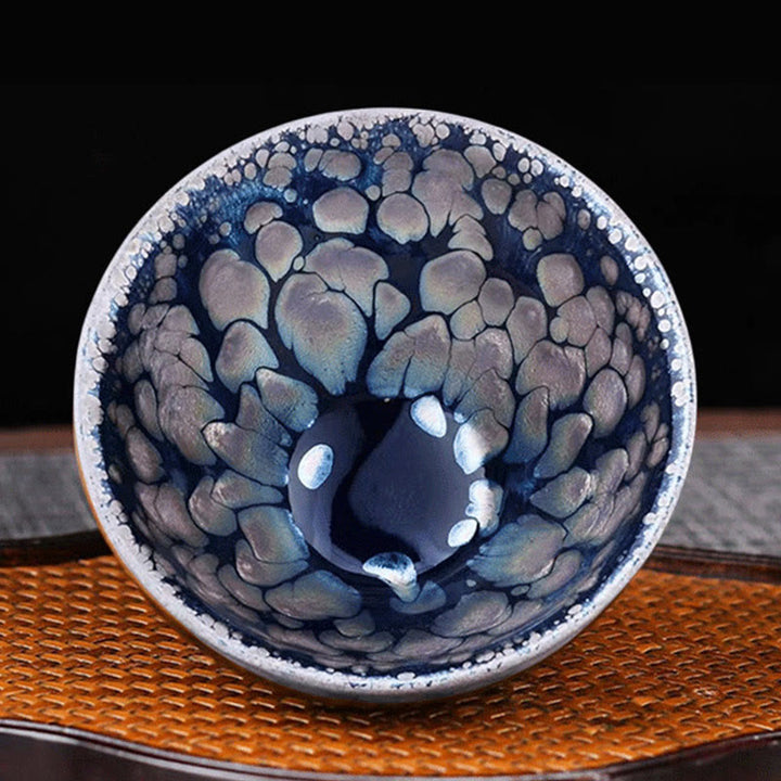 Taza de té de cerámica con Buddha Stones, hecha a mano, con diseño chino Jianzhan, color púrpura y azul, Tenmoku Kung Fu, 150 ml