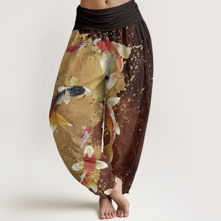 Pantalones Buddha Stones informales con estampado de peces koi y tinta dorada para mujer, con cintura elástica - SaddleBrown - US22，UK/AU26，EU54 (6XL) - image 8