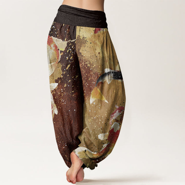 Pantalón tipo harem de cintura elástica para mujer, de Buddha Stones , estilo casual, con estampado de peces koi y fondo dorado. - image 9