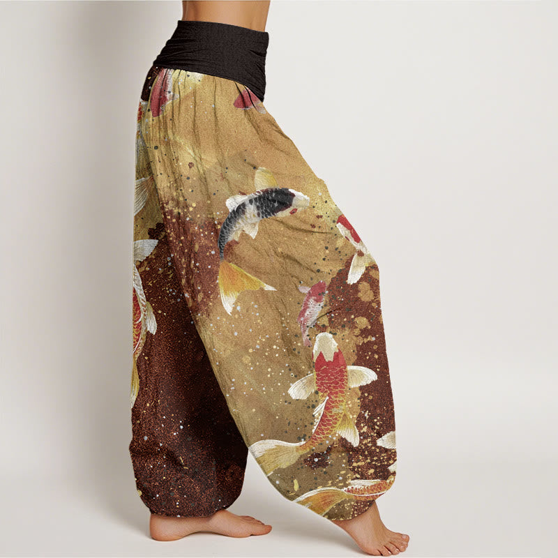 Pantalón tipo harem de cintura elástica para mujer, de Buddha Stones , estilo casual, con estampado de peces koi y fondo dorado. - image 8