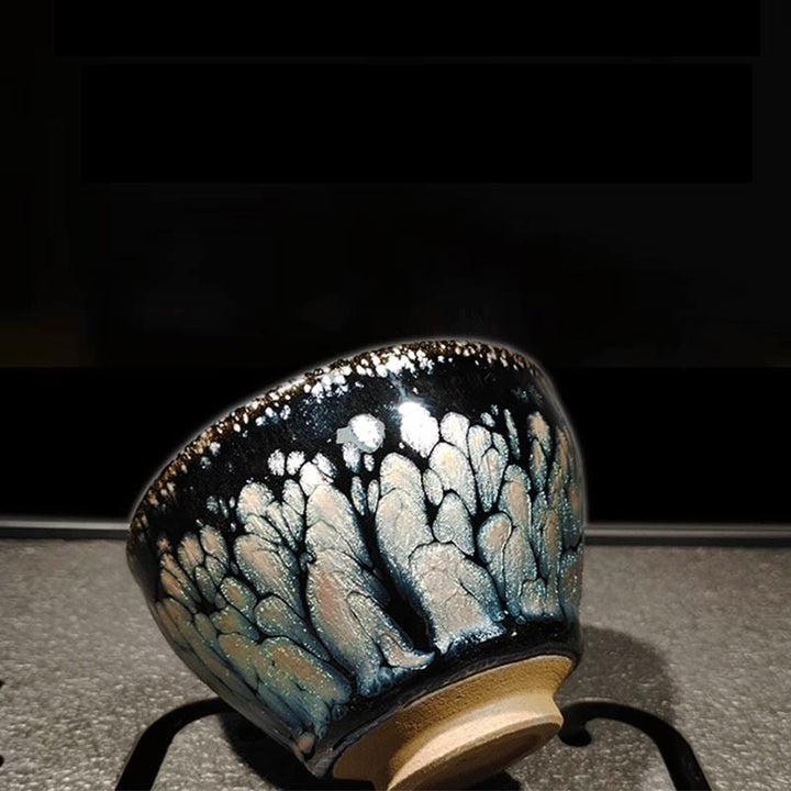 Taza de té de cerámica con Buddha Stones, hecha a mano, con diseño chino Jianzhan y puntos azules, Tenmoku Kung Fu, 150 ml