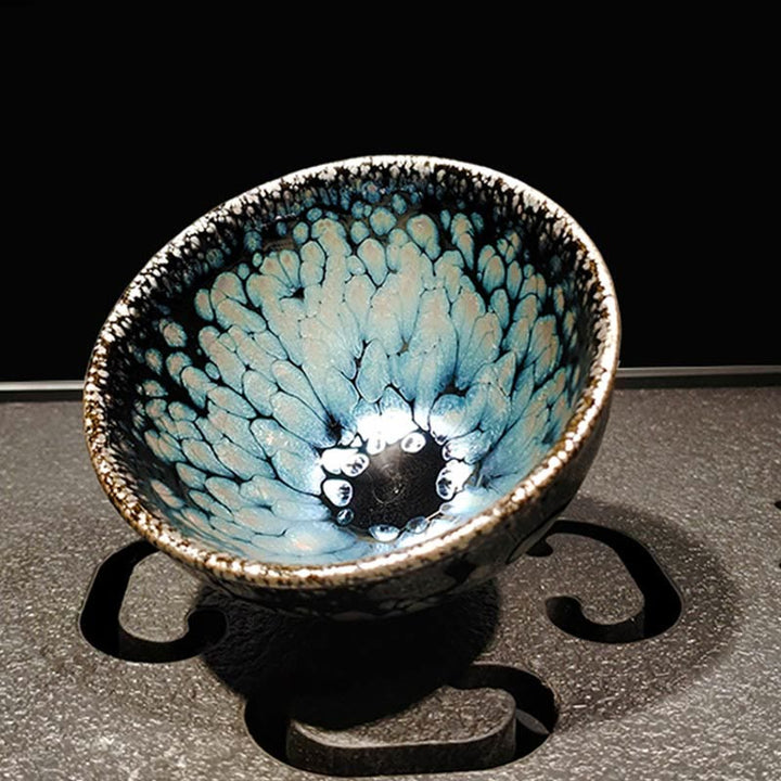 Taza de té de cerámica con Buddha Stones, hecha a mano, con diseño chino Jianzhan y puntos azules, Tenmoku Kung Fu, 150 ml
