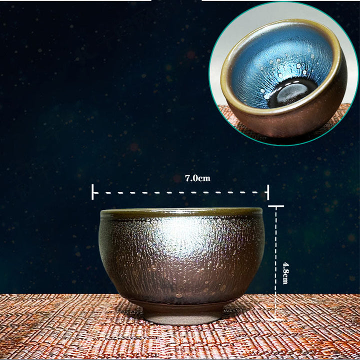 Taza de té de cerámica Tenmoku Kung Fu de 150 ml con diseño de gotas de aceite de Jianzhan chino hecha a mano con Buddha Stones