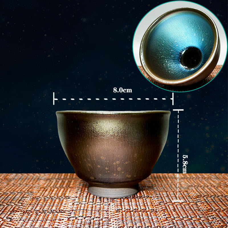 Taza de té de cerámica Tenmoku Kung Fu de 150 ml con diseño de gotas de aceite de Jianzhan chino hecha a mano con Buddha Stones