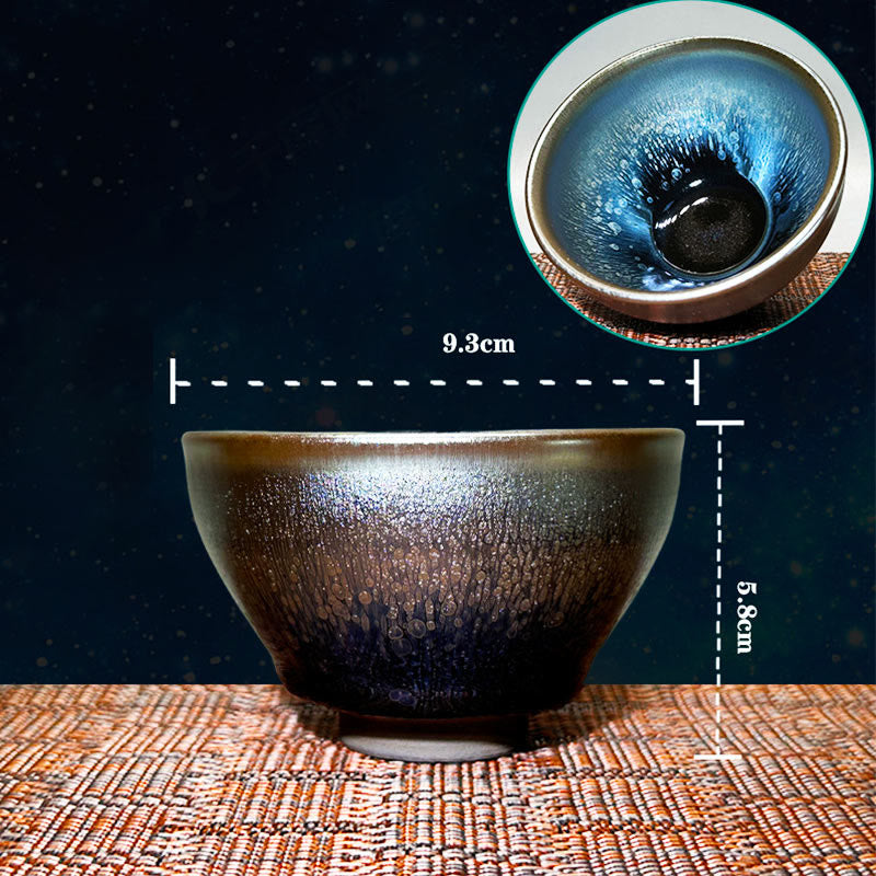Taza de té de cerámica Tenmoku Kung Fu de 150 ml con diseño de gotas de aceite de Jianzhan chino hecha a mano con Buddha Stones