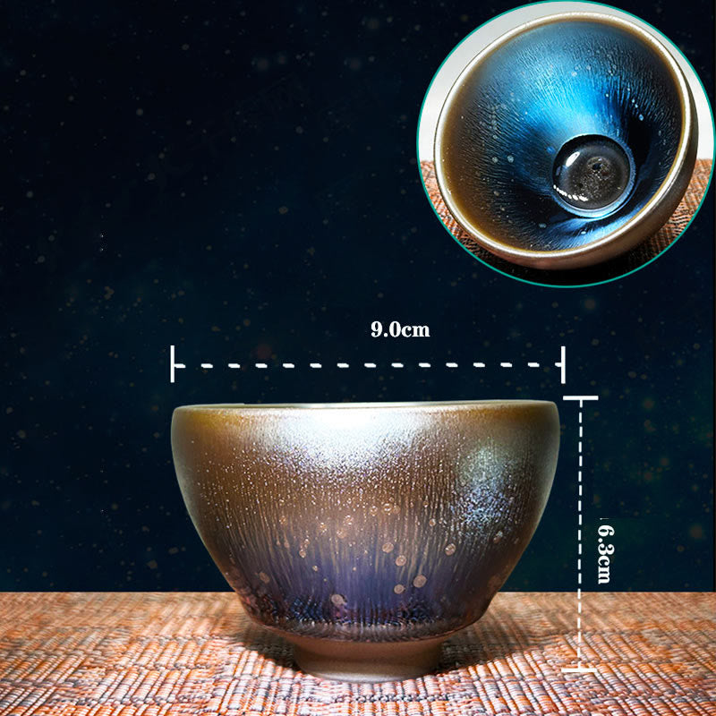 Taza de té de cerámica Tenmoku Kung Fu de 150 ml con diseño de gotas de aceite de Jianzhan chino hecha a mano con Buddha Stones