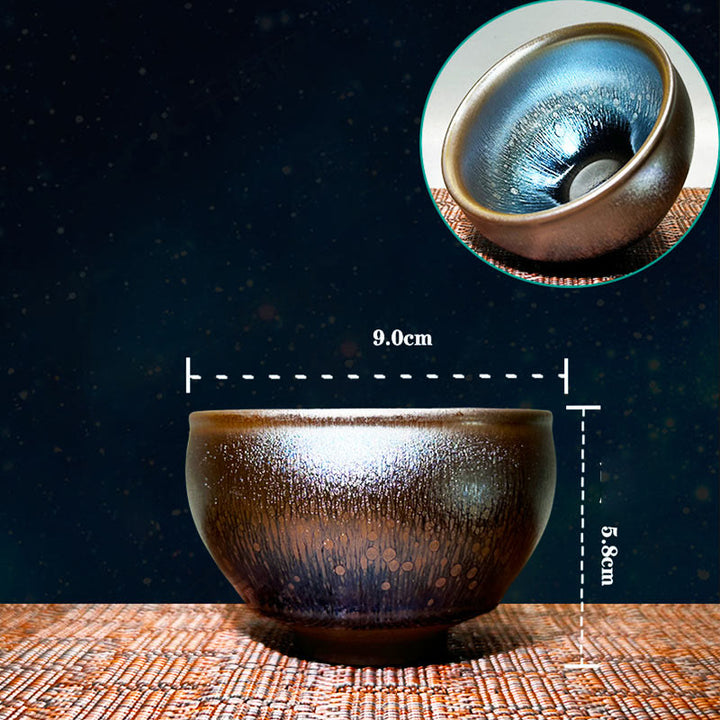 Taza de té de cerámica Tenmoku Kung Fu de 150 ml con diseño de gotas de aceite de Jianzhan chino hecha a mano con Buddha Stones