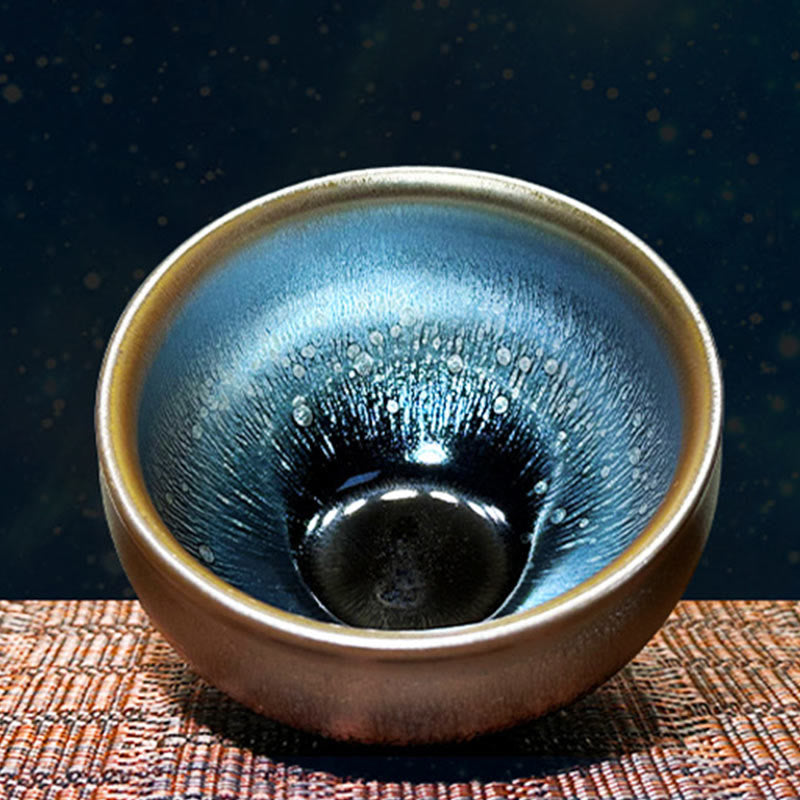 Taza de té de cerámica Tenmoku Kung Fu de 150 ml con diseño de gotas de aceite de Jianzhan chino hecha a mano con Buddha Stones