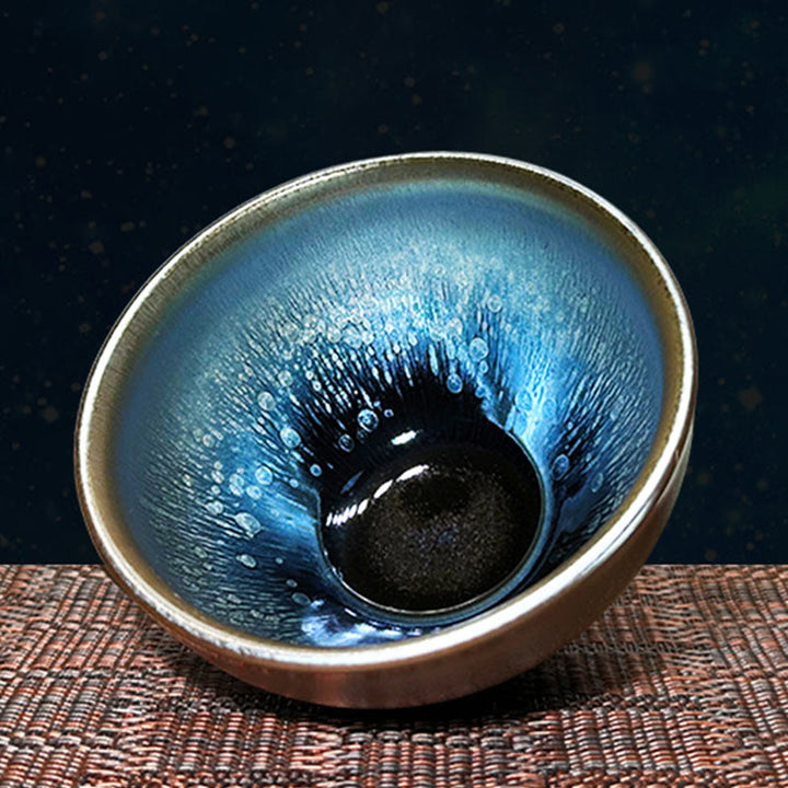 Taza de té de cerámica Tenmoku Kung Fu de 150 ml con diseño de gotas de aceite de Jianzhan chino hecha a mano con Buddha Stones