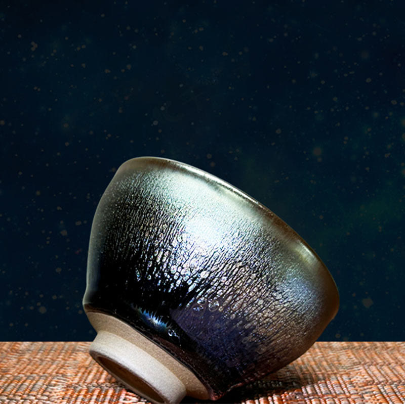 Taza de té de cerámica Tenmoku Kung Fu de 150 ml con diseño de gotas de aceite de Jianzhan chino hecha a mano con Buddha Stones