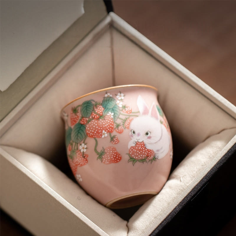 Taza de té de kung fu con forma de conejo de fresa y Buddha Stones, 90 ml, con caja de regalo