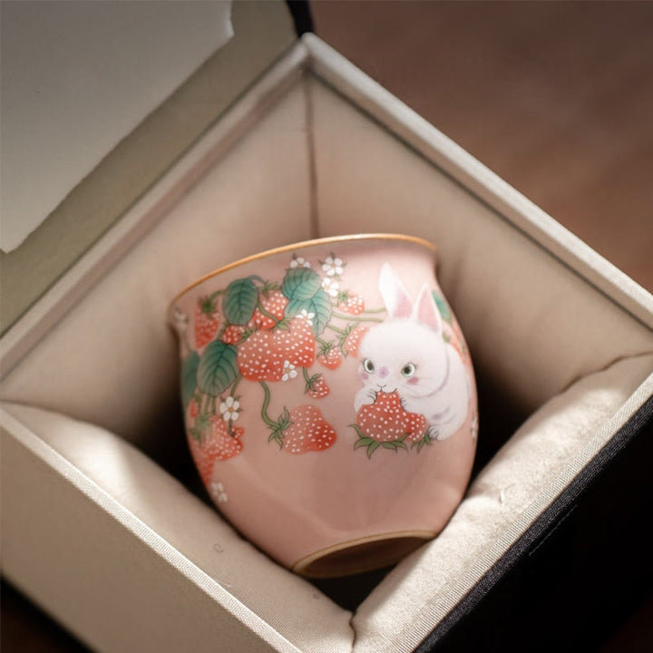 Taza de té de kung fu con forma de conejo de fresa y Buddha Stones, 90 ml, con caja de regalo