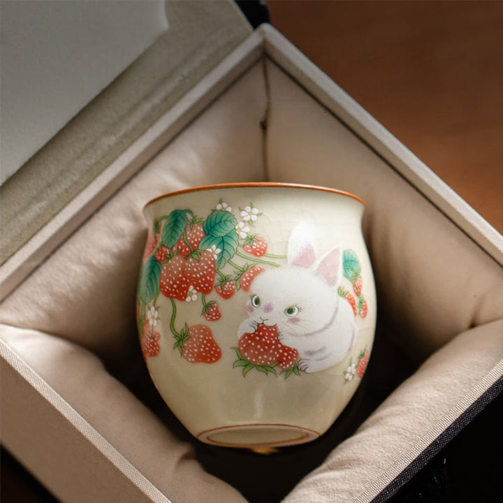 Taza de té de kung fu con forma de conejo de fresa y Buddha Stones, 90 ml, con caja de regalo