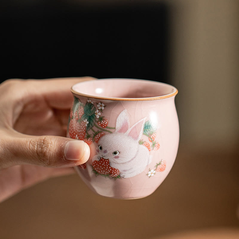 Taza de té de kung fu con forma de conejo de fresa y Buddha Stones, 90 ml, con caja de regalo