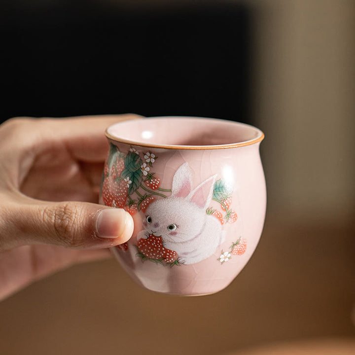 Taza de té de kung fu con forma de conejo de fresa y Buddha Stones, 90 ml, con caja de regalo