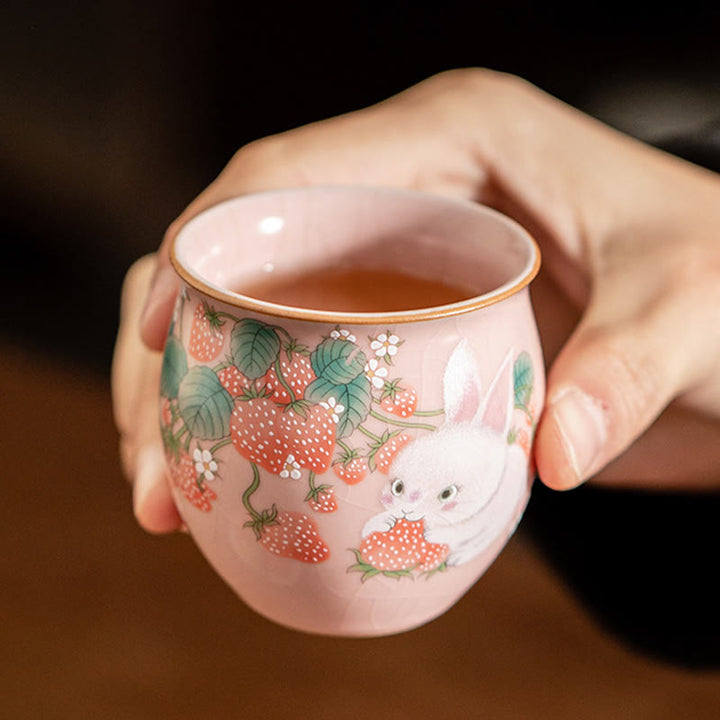 Taza de té de kung fu con forma de conejo de fresa y Buddha Stones, 90 ml, con caja de regalo