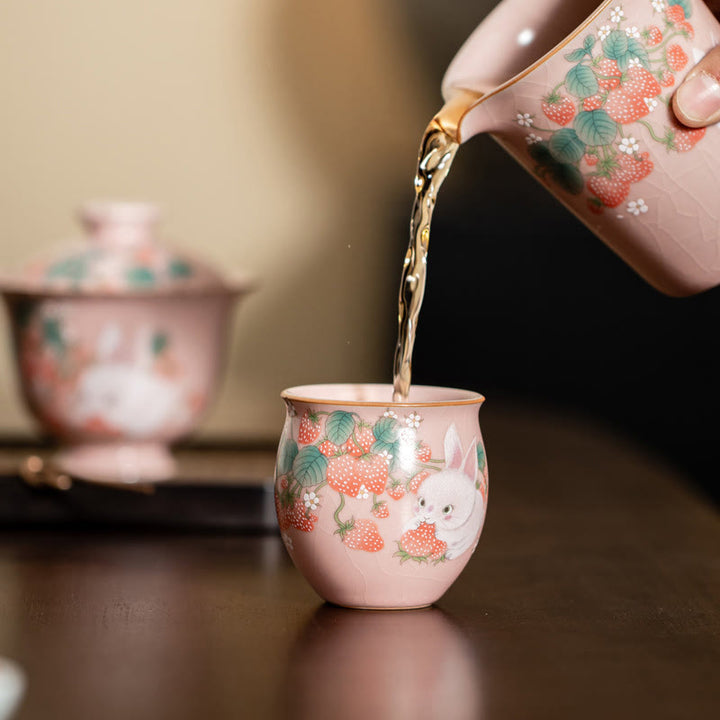 Taza de té de kung fu con forma de conejo de fresa y Buddha Stones, 90 ml, con caja de regalo