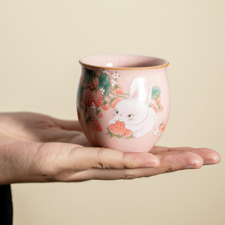 Taza de té de kung fu con forma de conejo de fresa y Buddha Stones, 90 ml, con caja de regalo