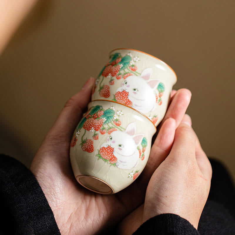 Taza de té de kung fu con forma de conejo de fresa y Buddha Stones, 90 ml, con caja de regalo
