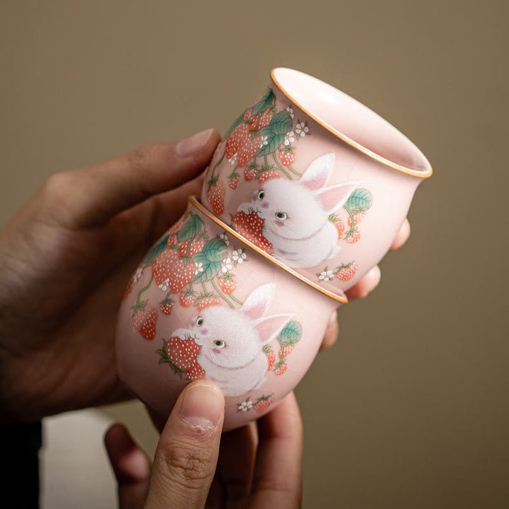 Taza de té de kung fu con forma de conejo de fresa y Buddha Stones, 90 ml, con caja de regalo