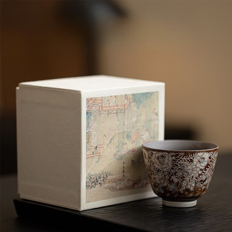 Taza de té Kung Fu con flores marrones y Buddha Stones en plena floración, 100 ml, con caja de regalo