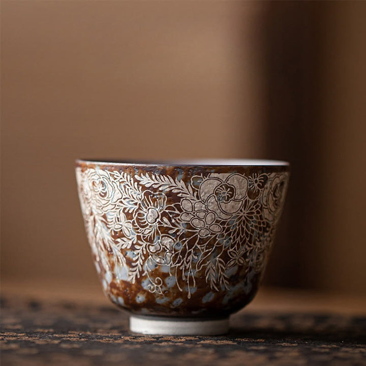 Taza de té Kung Fu con flores marrones y Buddha Stones en plena floración, 100 ml, con caja de regalo