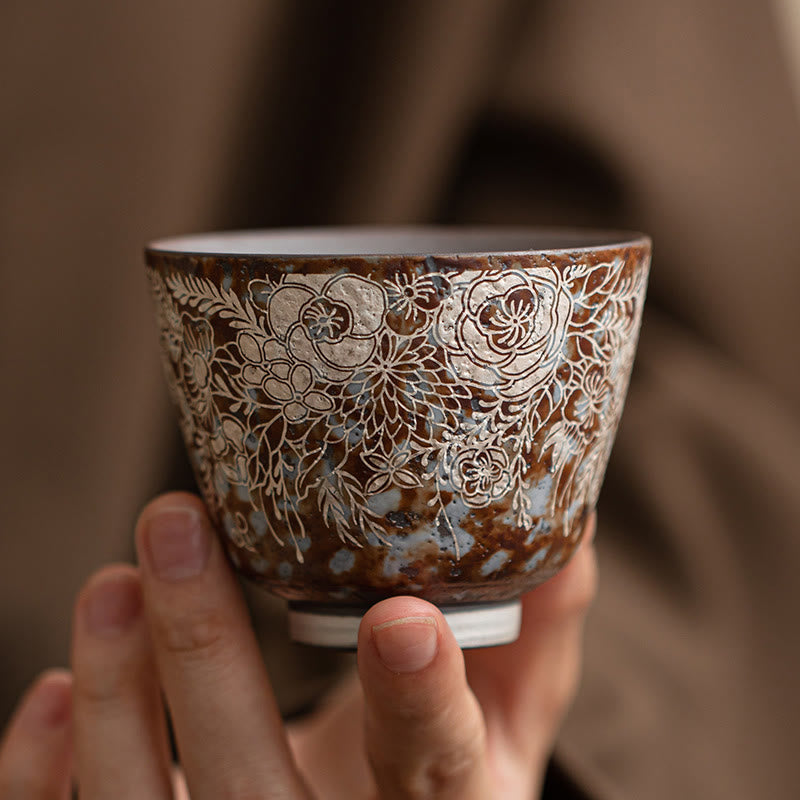 Taza de té Kung Fu con flores marrones y Buddha Stones en plena floración, 100 ml, con caja de regalo