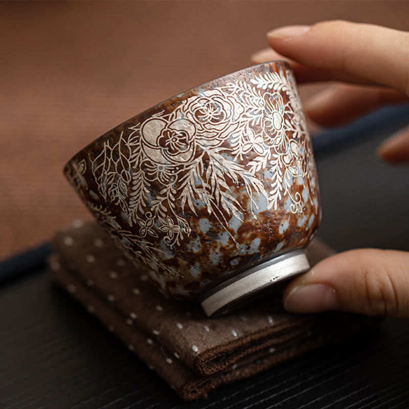 Taza de té Kung Fu con flores marrones y Buddha Stones en plena floración, 100 ml, con caja de regalo
