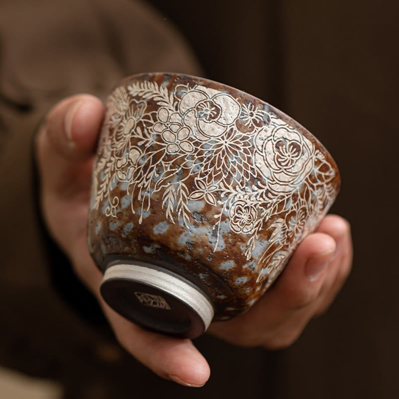 Taza de té Kung Fu con flores marrones y Buddha Stones en plena floración, 100 ml, con caja de regalo