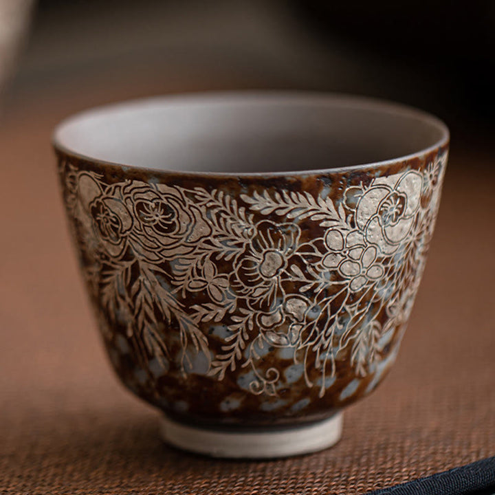 Taza de té Kung Fu con flores marrones y Buddha Stones en plena floración, 100 ml, con caja de regalo
