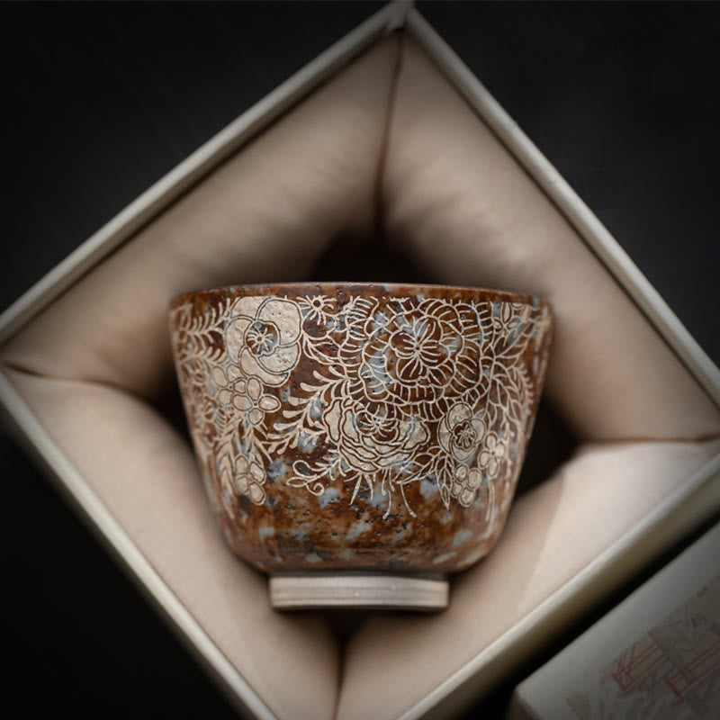 Taza de té Kung Fu con flores marrones y Buddha Stones en plena floración, 100 ml, con caja de regalo