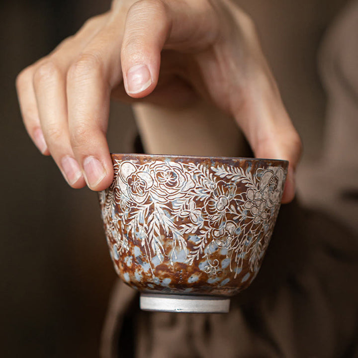 Taza de té Kung Fu con flores marrones y Buddha Stones en plena floración, 100 ml, con caja de regalo