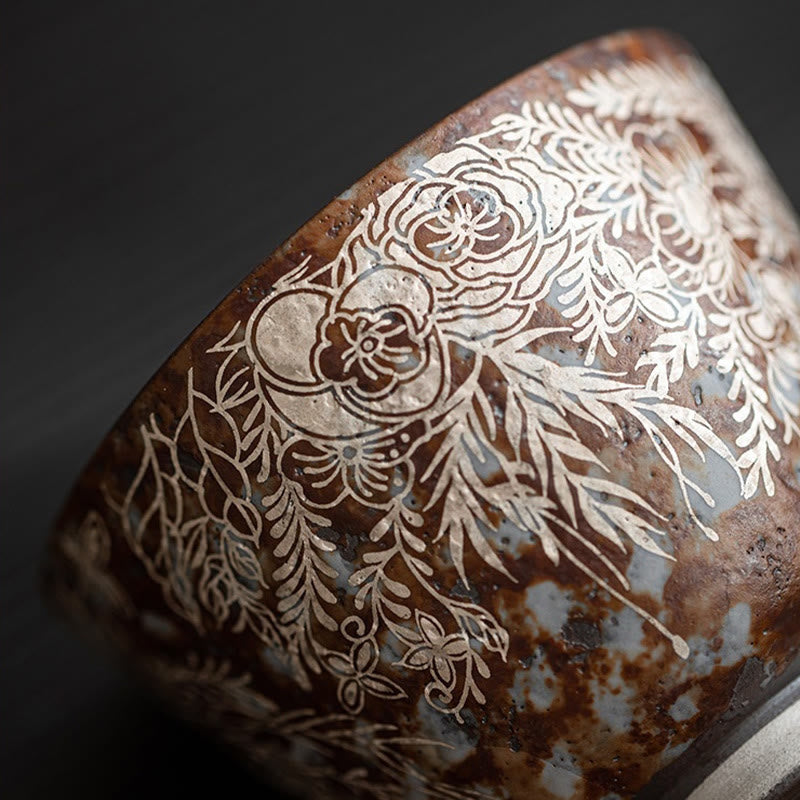 Taza de té Kung Fu con flores marrones y Buddha Stones en plena floración, 100 ml, con caja de regalo